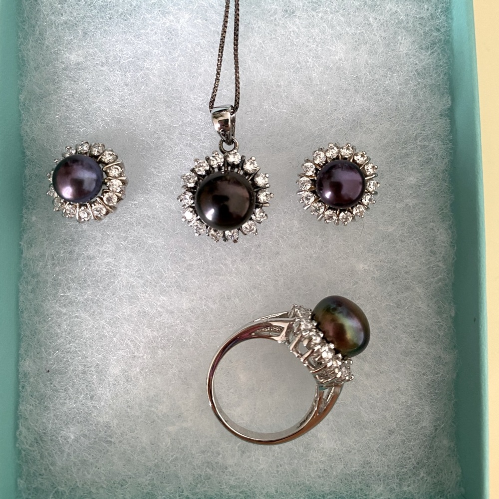 Full set sterling silver black pearl jewelry